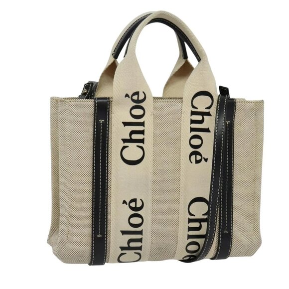 Chloe Woody Small Hand Bag Canvas 2way Beige Silver Auth am8330 - Picture 1 of 16